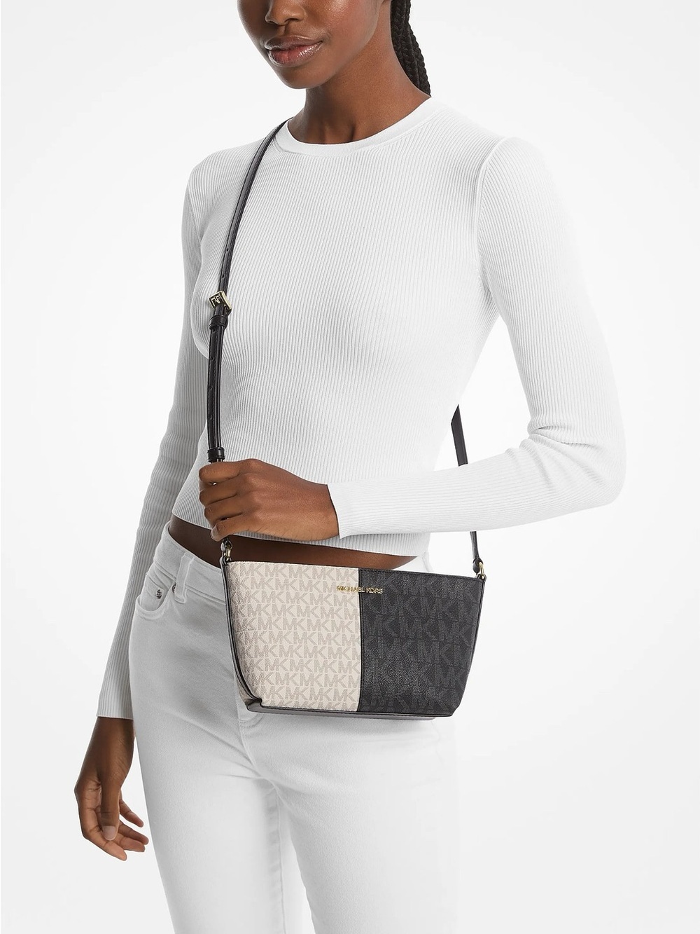 Michael Kors Jet Set Black Cream MK Signature Logo Shoulder Crossbody Bag - Picture 13 of 13
